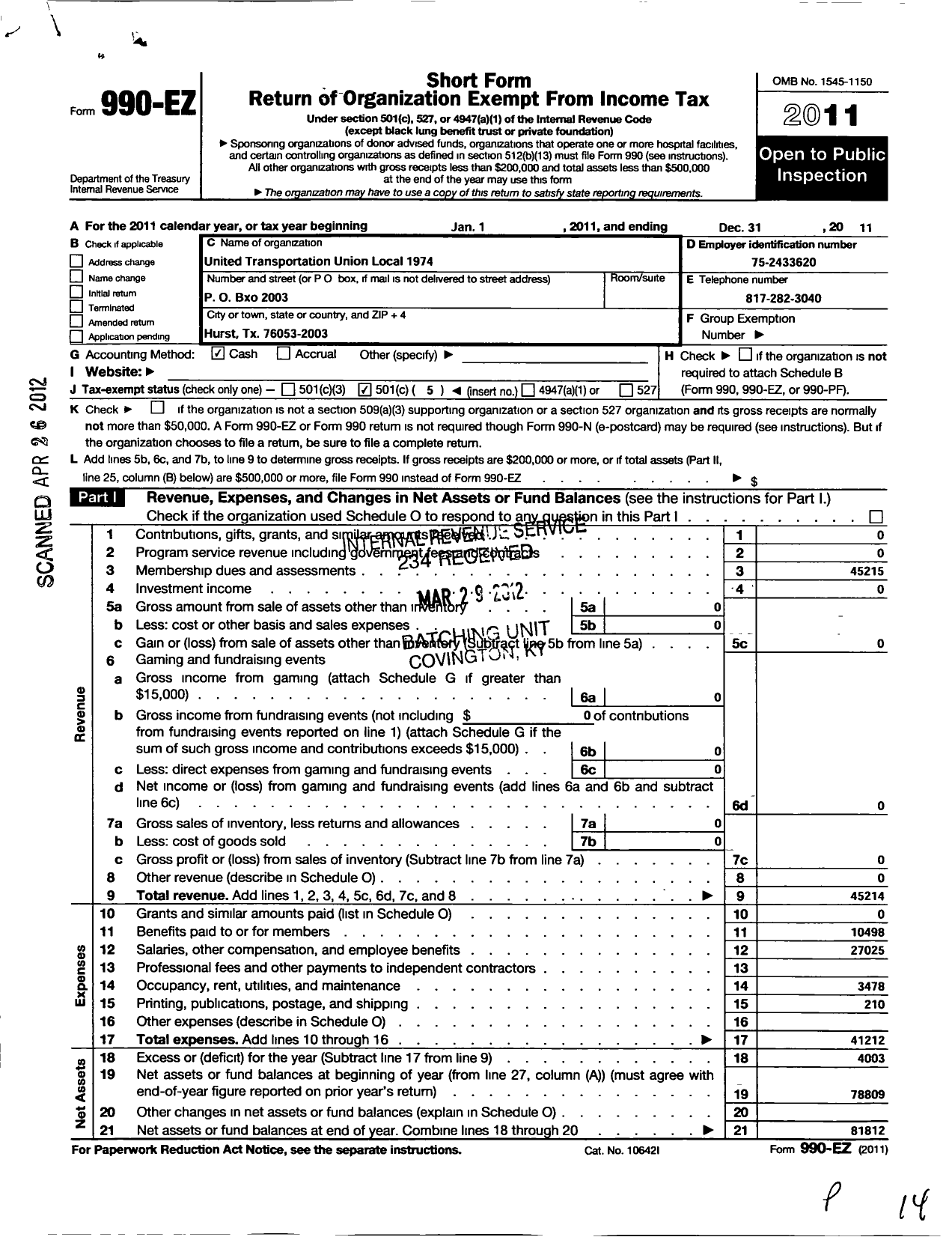 Image of first page of 2011 Form 990EO for Smart Union - 1974 TD