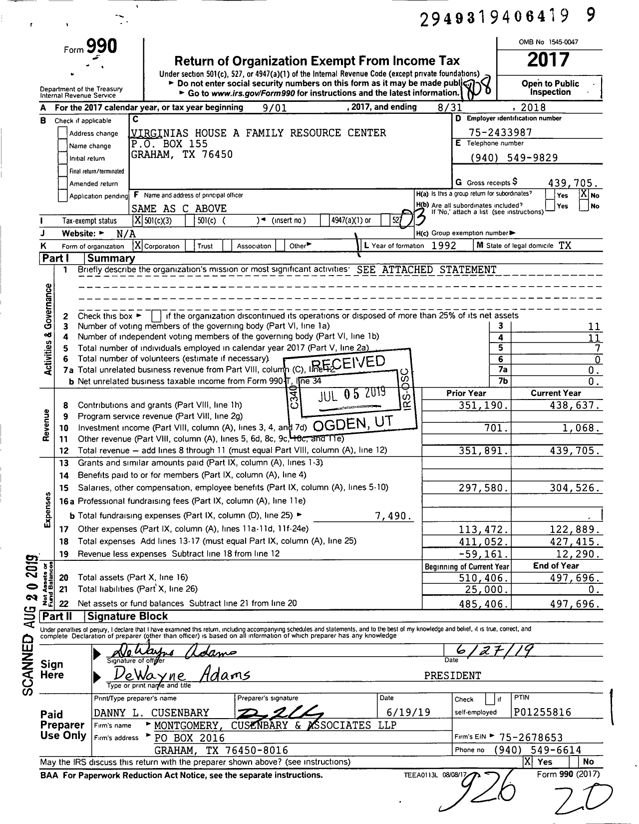 Image of first page of 2017 Form 990 for Virginias House A Family Resource Center
