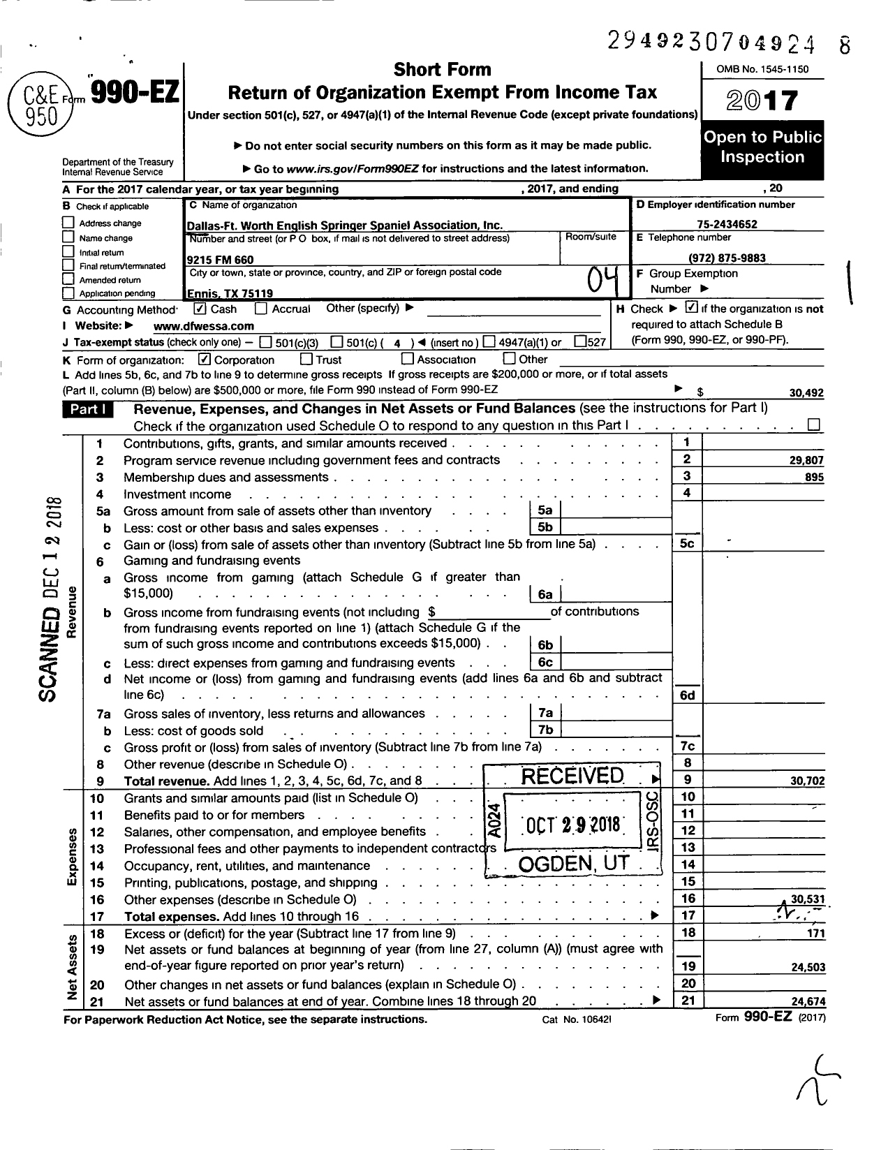 Image of first page of 2017 Form 990EO for Dallas-Ft Worth English Springer Spaniel Association