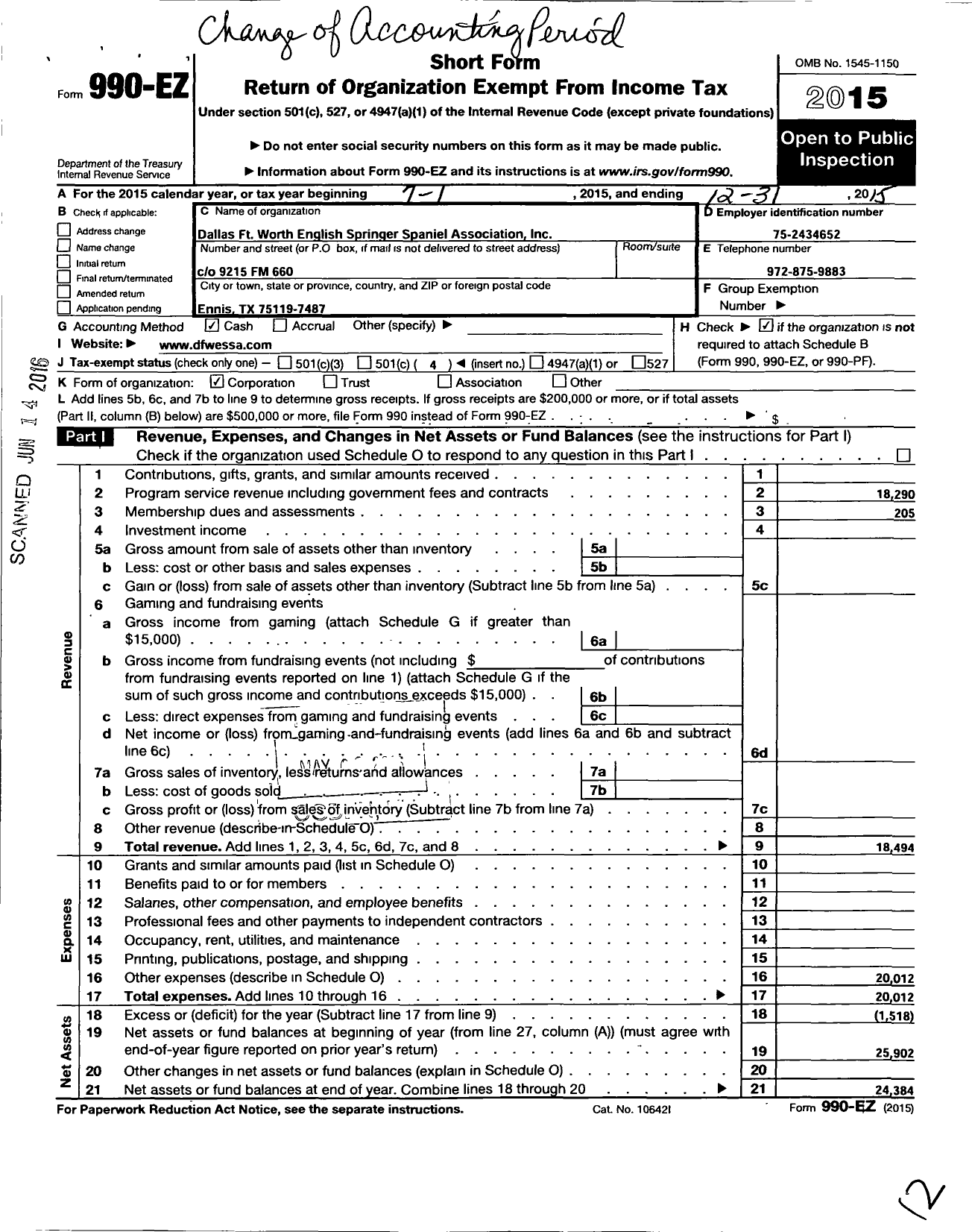 Image of first page of 2015 Form 990EO for Dallas-Ft Worth English Springer Spaniel Association