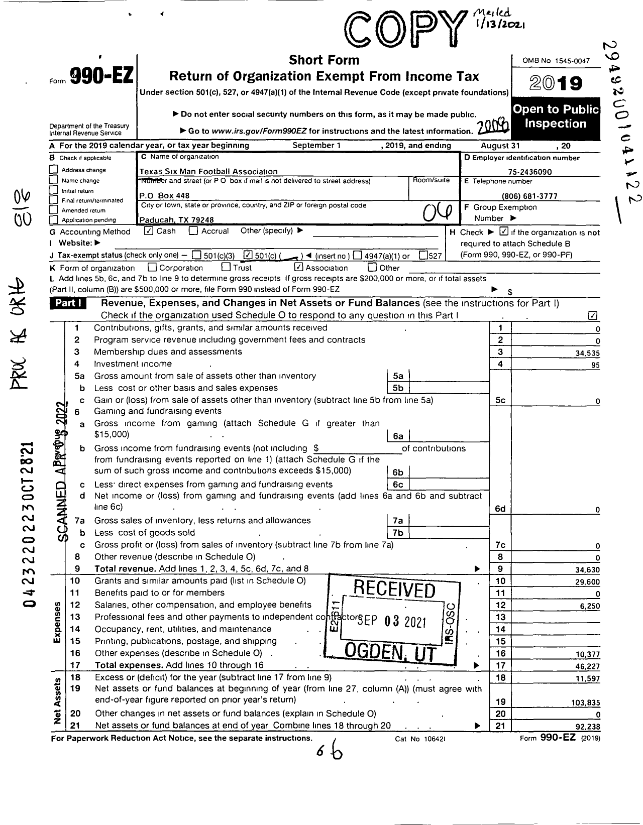 Image of first page of 2019 Form 990EO for Texas Six Man Football Association