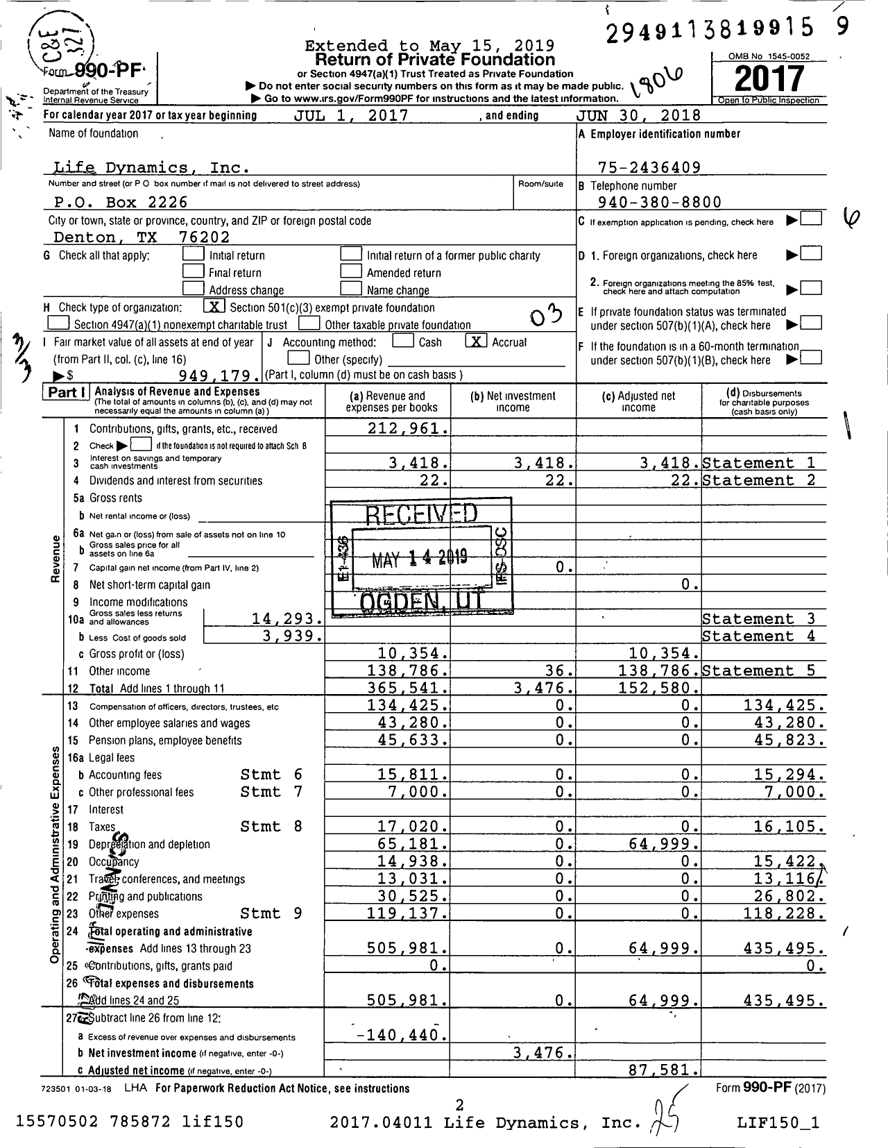 Image of first page of 2017 Form 990PF for Life Dynamics