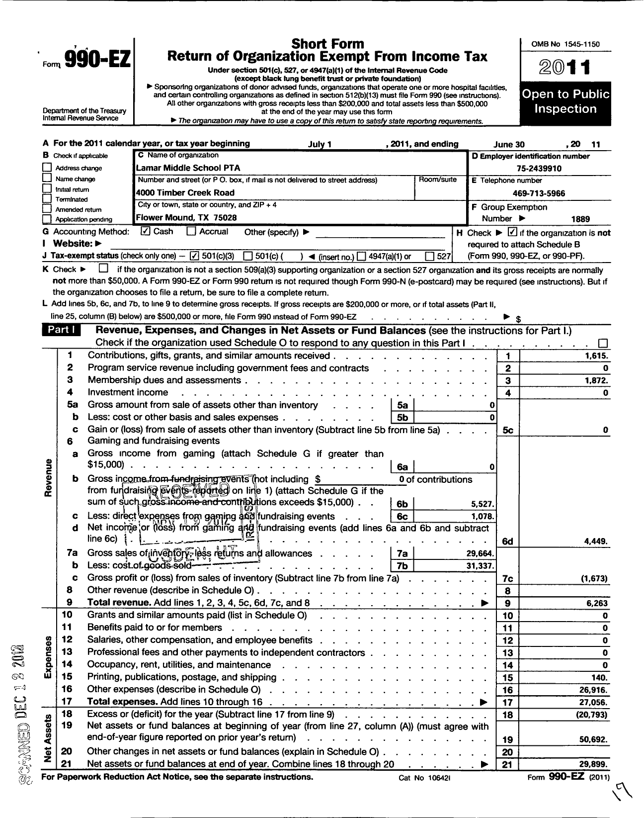 Image of first page of 2010 Form 990EZ for Texas PTA - 6099 Lamar Middle PTA