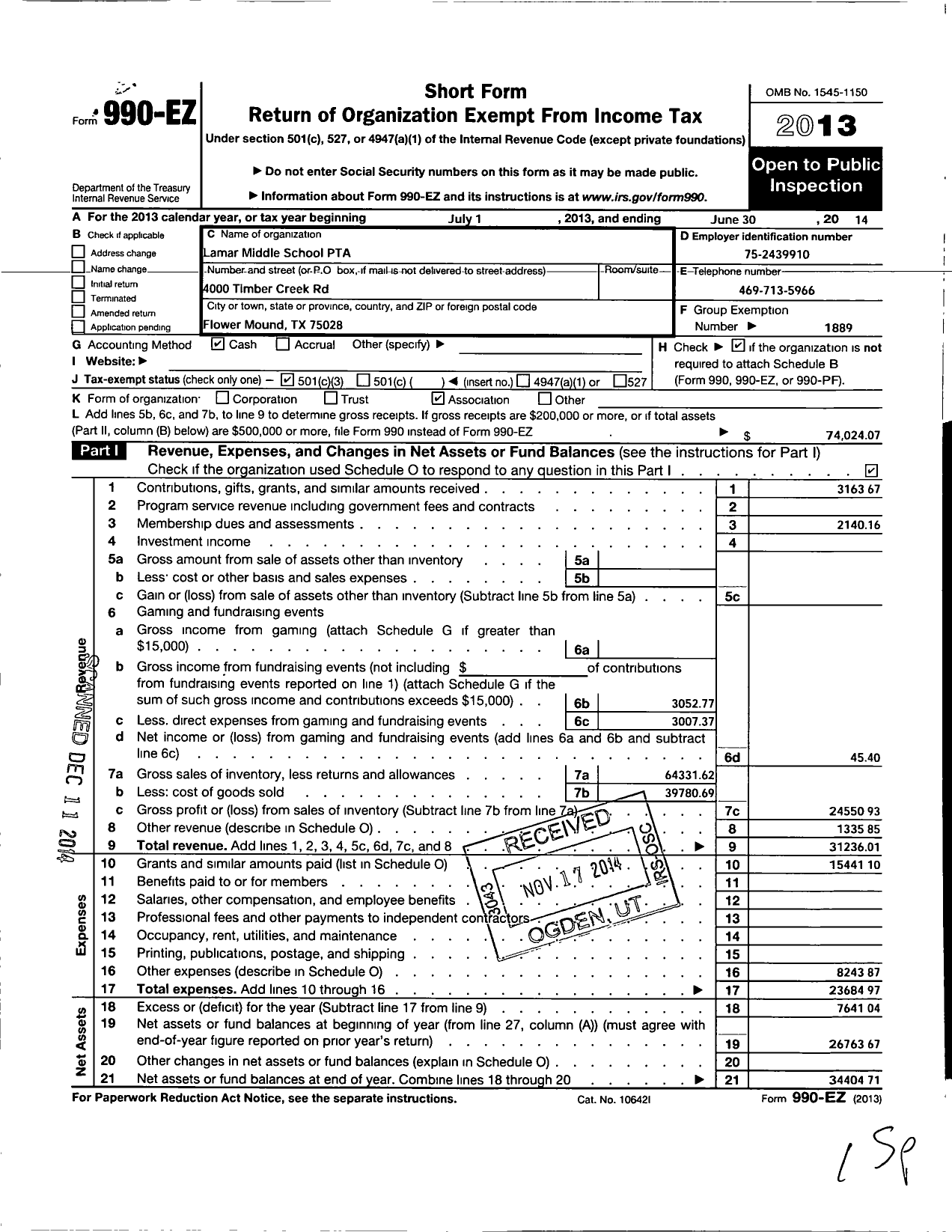 Image of first page of 2013 Form 990EZ for Texas PTA - 6099 Lamar Middle PTA