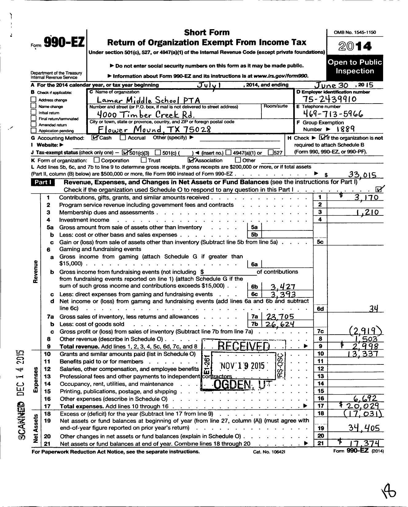Image of first page of 2014 Form 990EZ for Texas PTA - 6099 Lamar Middle PTA