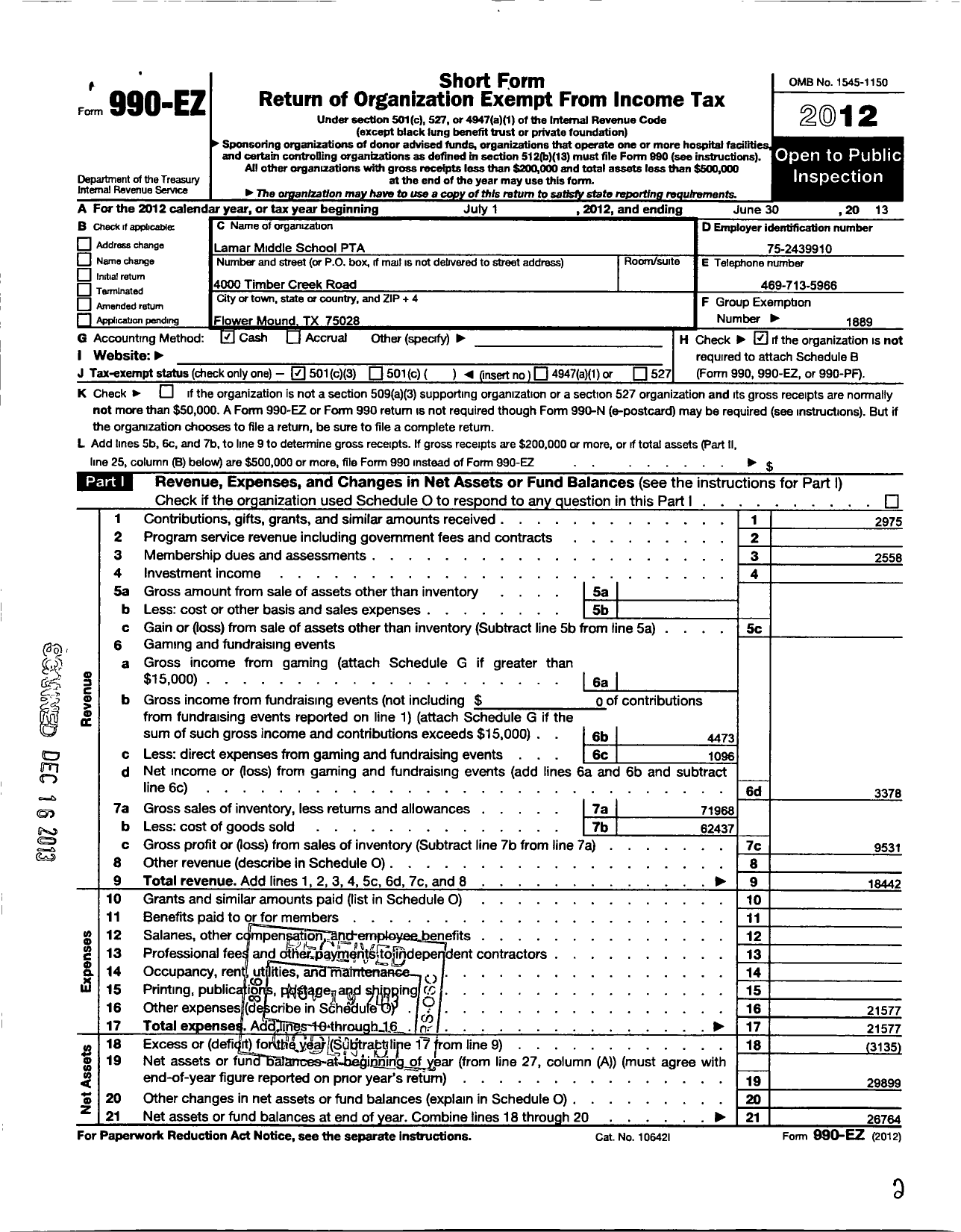 Image of first page of 2012 Form 990EZ for Texas PTA - 6099 Lamar Middle PTA