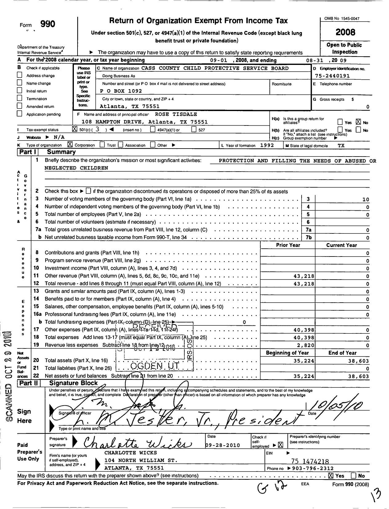 Image of first page of 2008 Form 990 for Cass County Child Protective Service Board