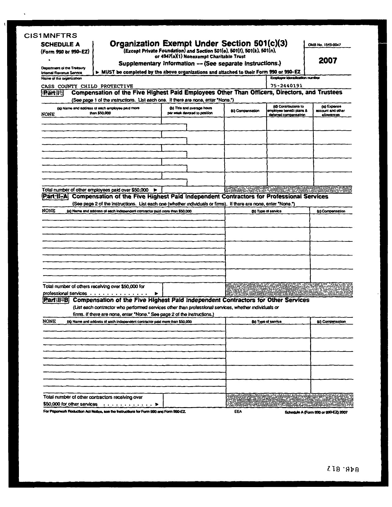 Image of first page of 2007 Form 990R for Cass County Child Protective Service Board