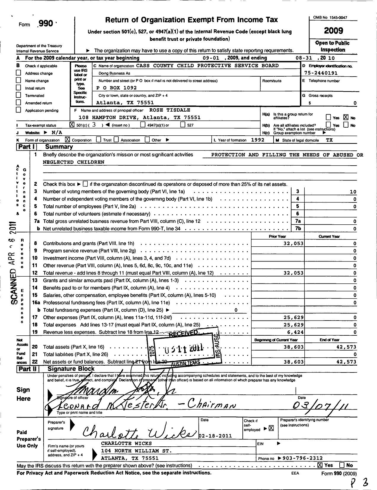 Image of first page of 2009 Form 990 for Cass County Child Protective Service Board