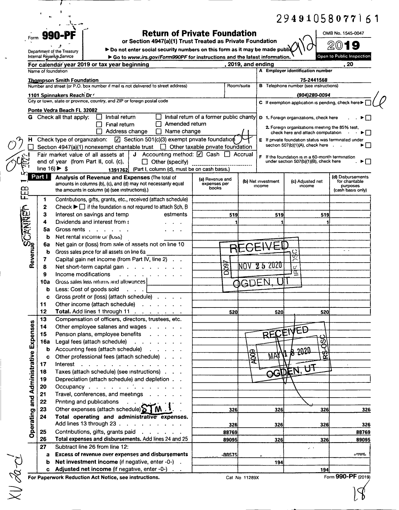 Image of first page of 2019 Form 990PF for Thompson Smith Foundation