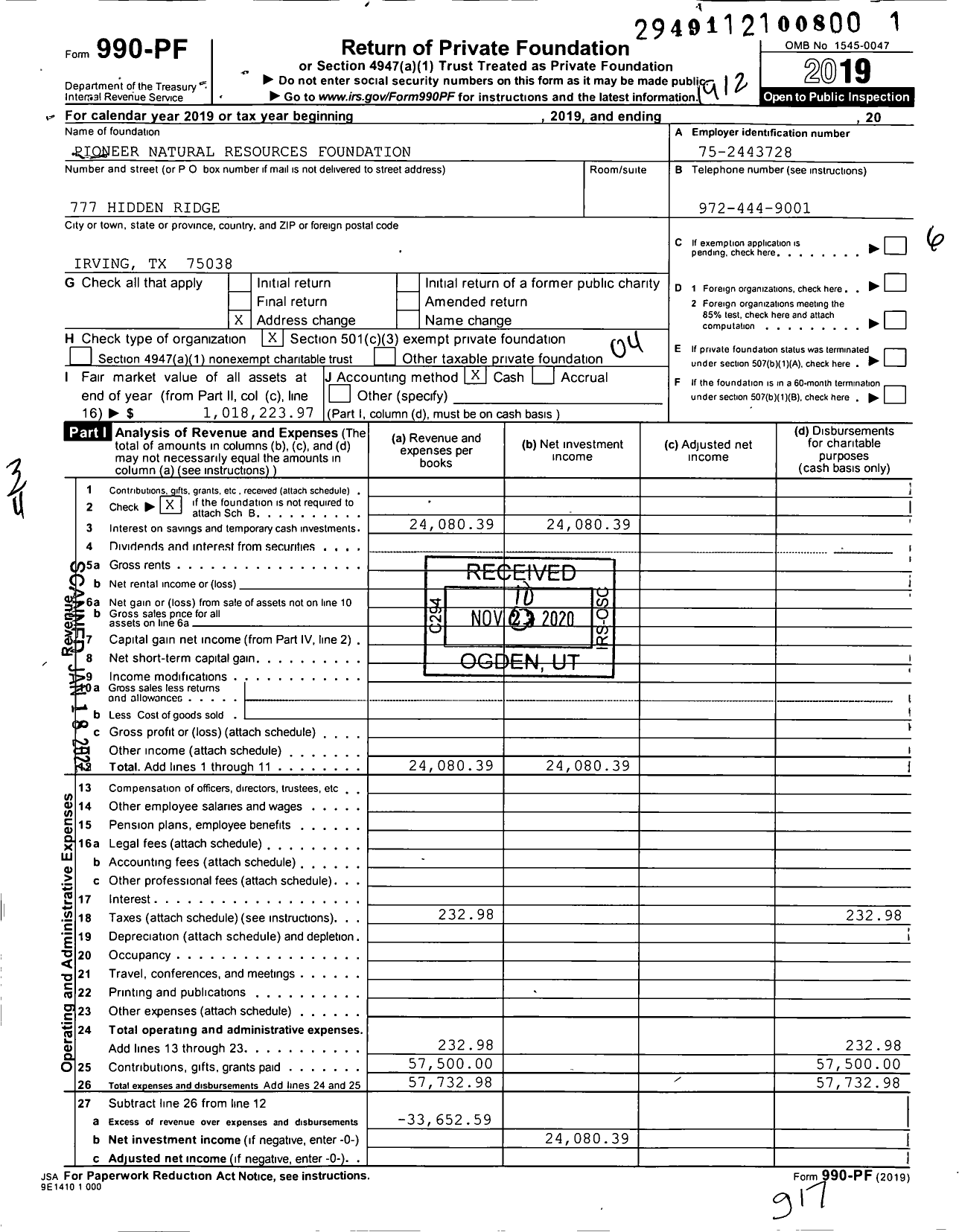 Image of first page of 2019 Form 990PF for Pioneer Natural Resources Foundation