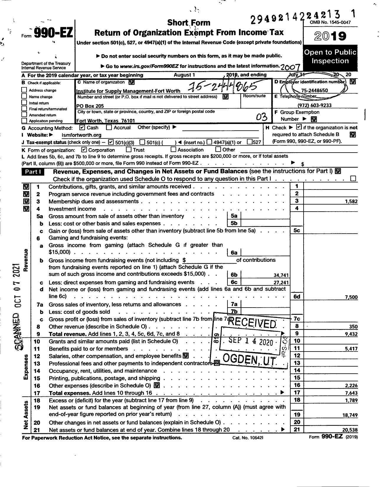 Image of first page of 2019 Form 990EZ for Institute for Supply Management - Fort Worth