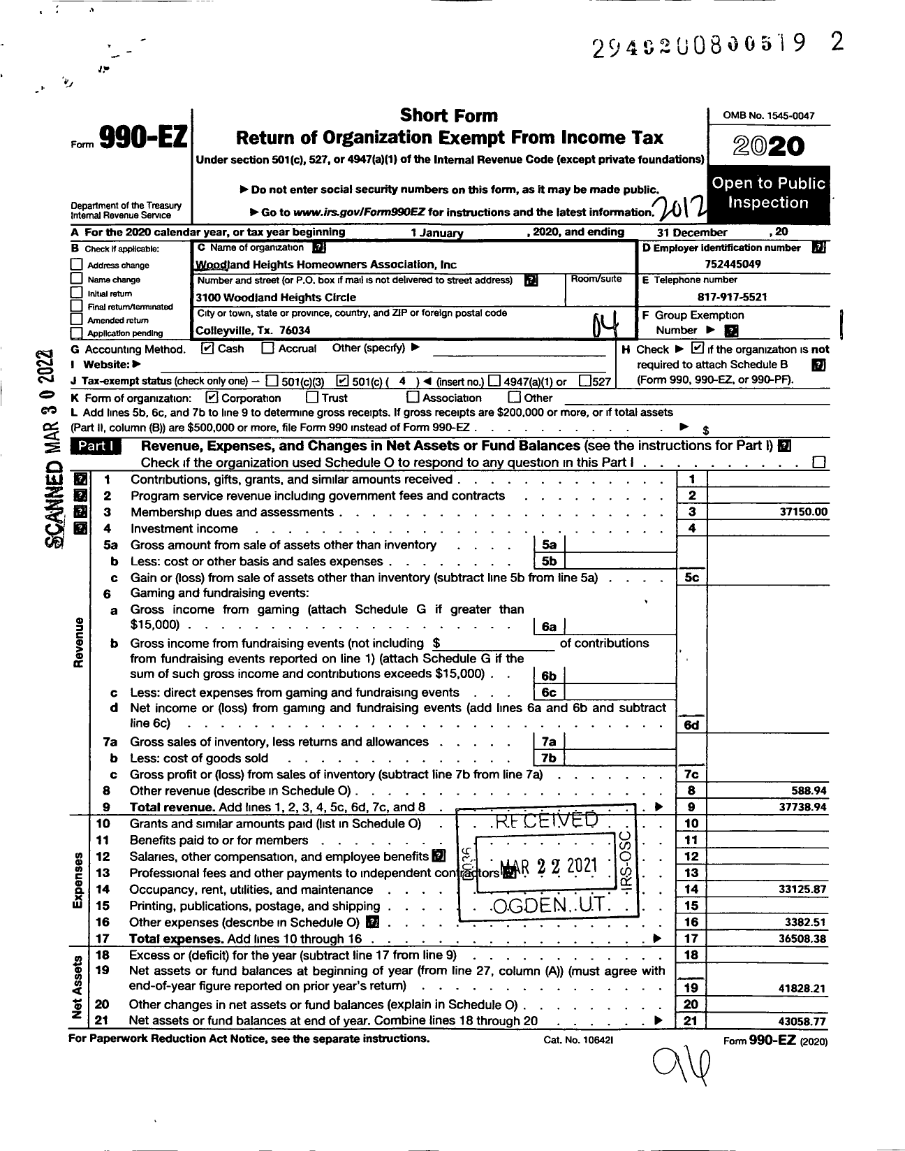 Image of first page of 2020 Form 990EO for Woodland Heights Homeowners Association