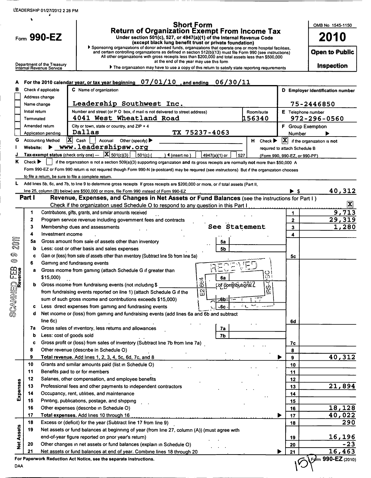 Image of first page of 2010 Form 990EZ for Leadership Southwest