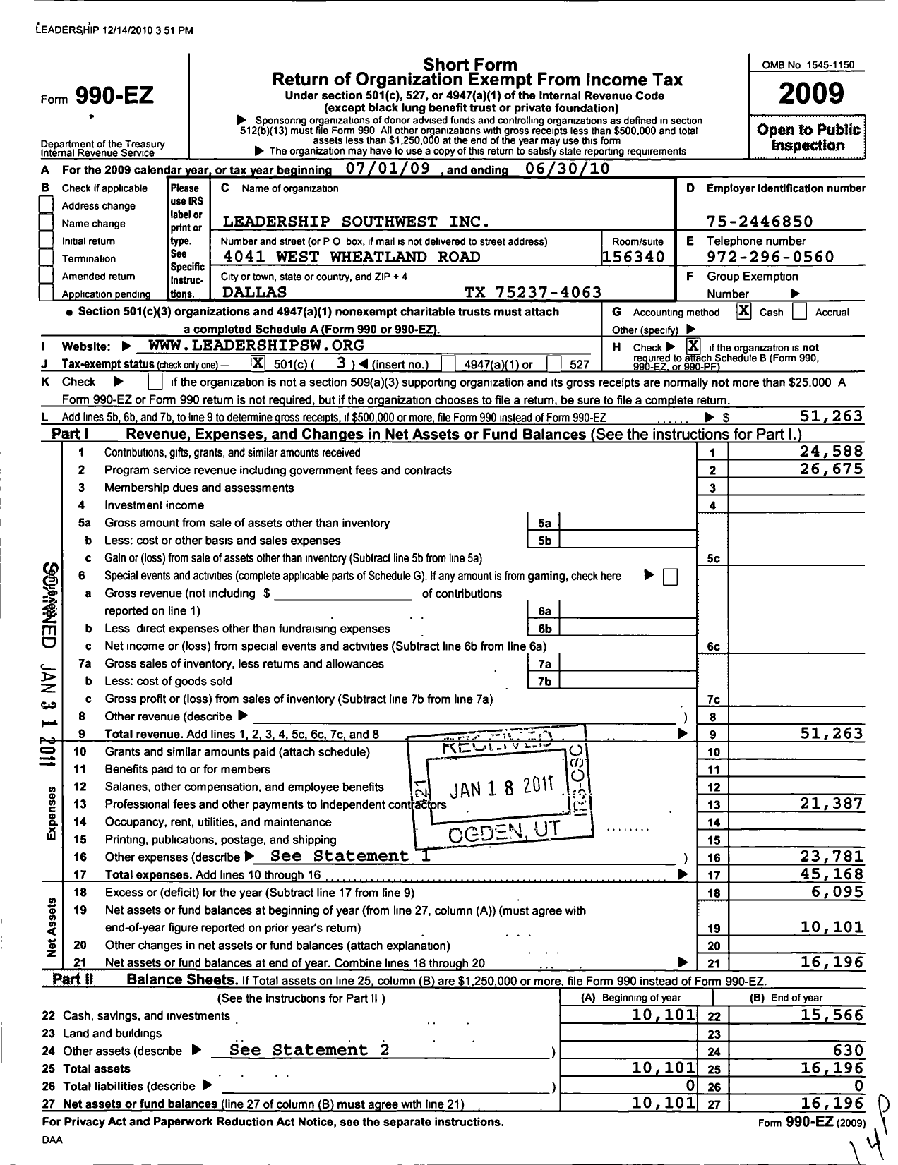 Image of first page of 2009 Form 990EZ for Leadership Southwest