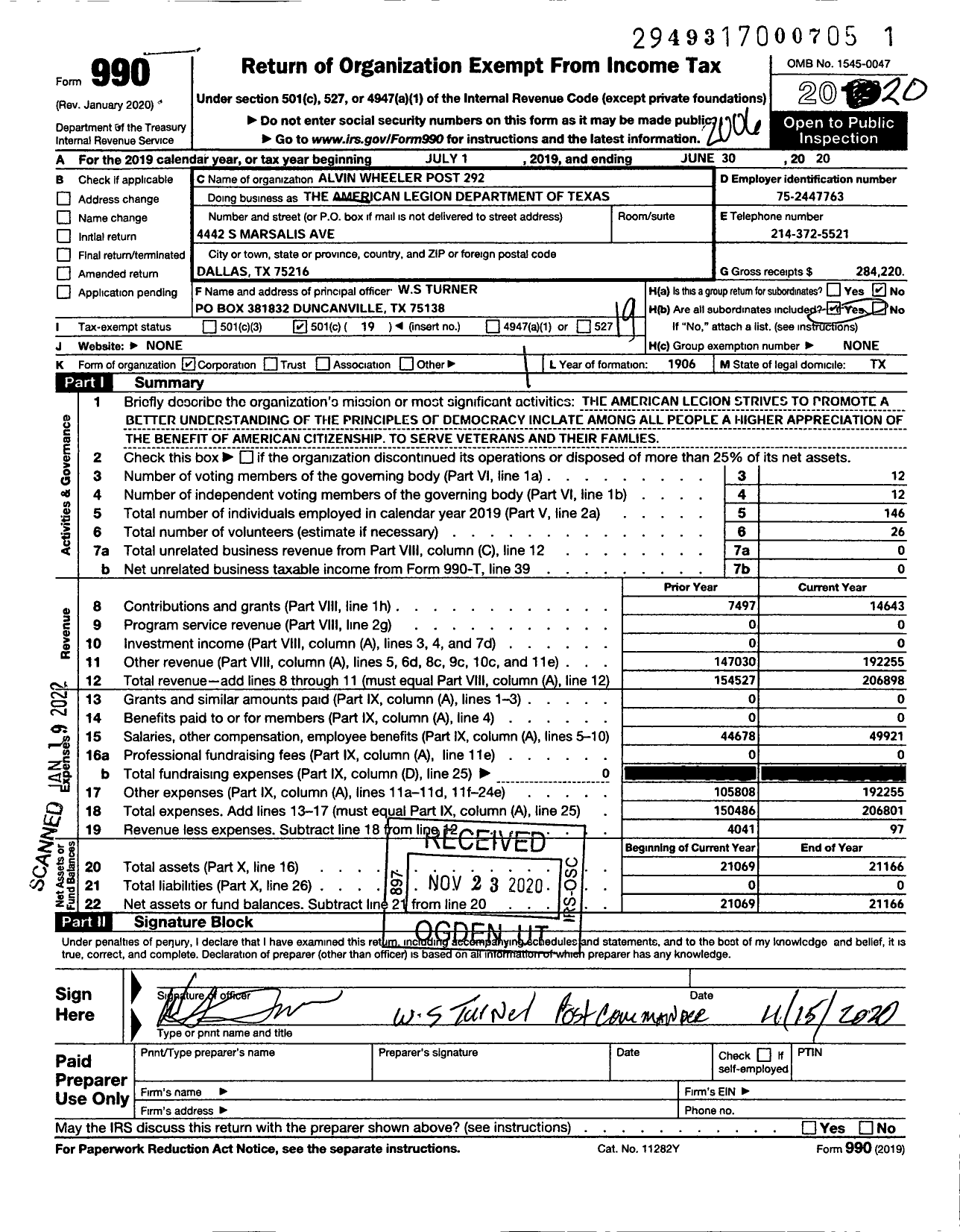 Image of first page of 2019 Form 990O for Alvin Wheeler Post 292 the American Legion