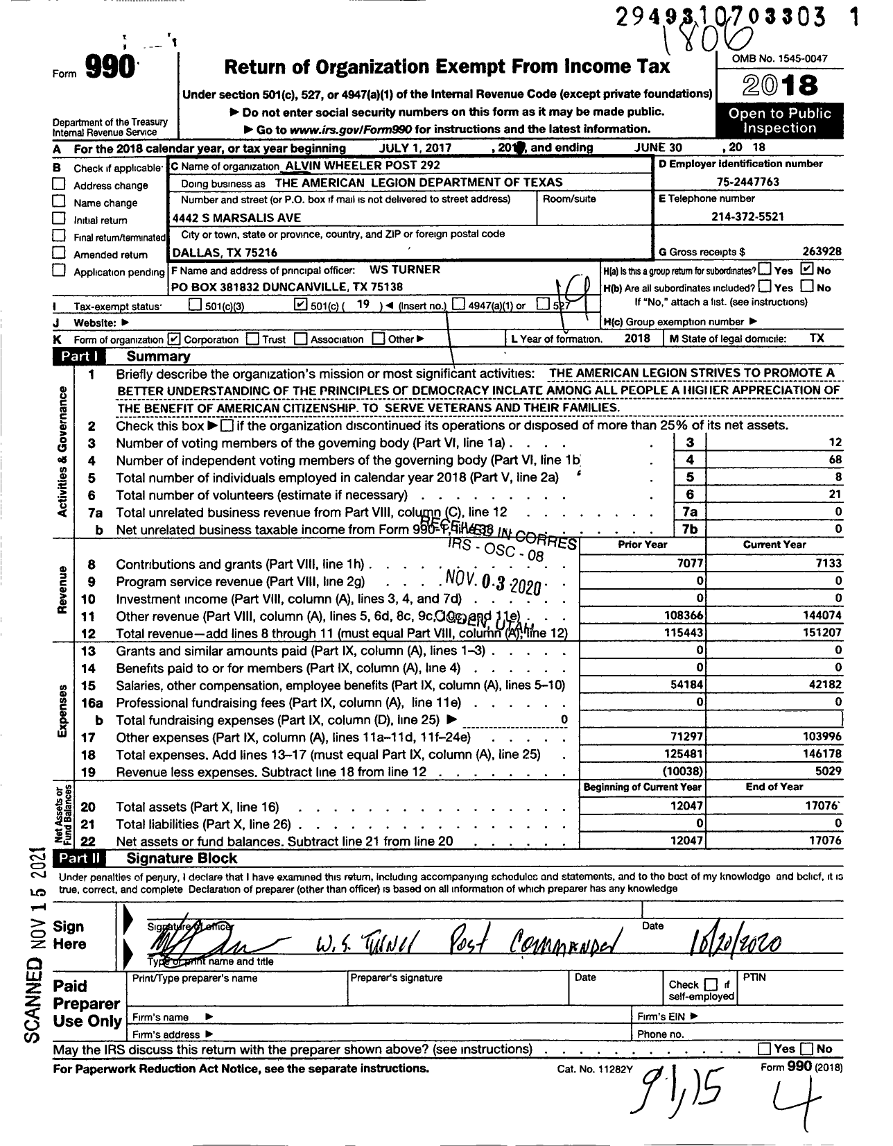 Image of first page of 2017 Form 990O for Alvin Wheeler Post 292 the American Legion