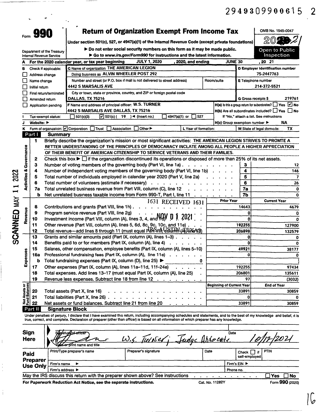 Image of first page of 2020 Form 990O for Alvin Wheeler Post 292 the American Legion