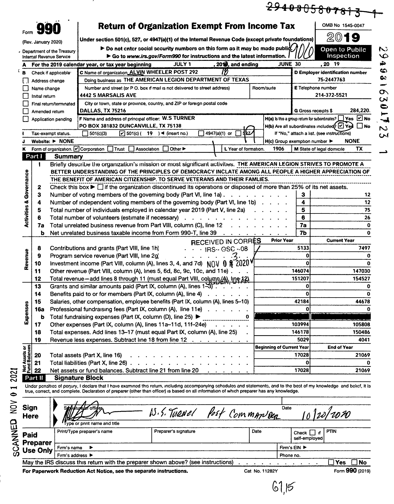 Image of first page of 2018 Form 990O for Alvin Wheeler Post 292 the American Legion