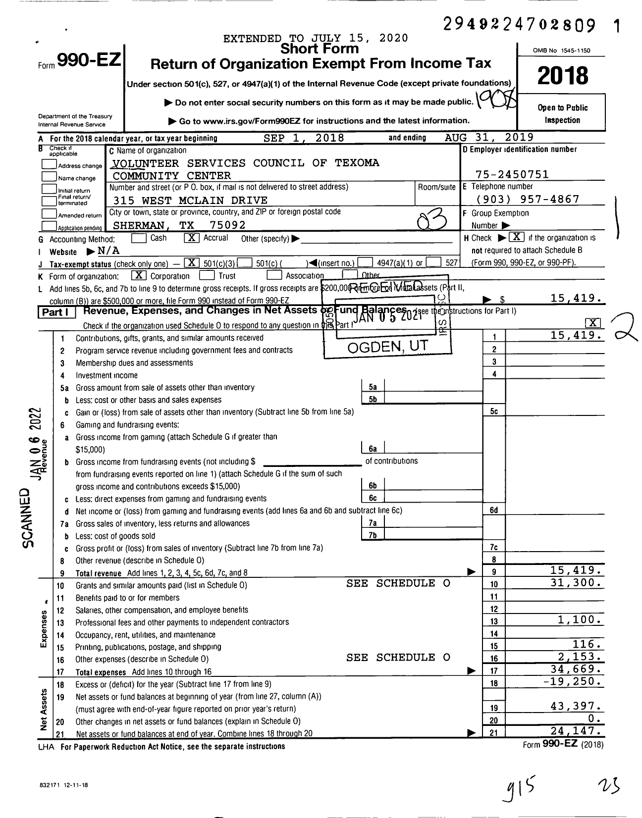 Image of first page of 2018 Form 990EZ for Volunteer Services Council of Texoma Community Center