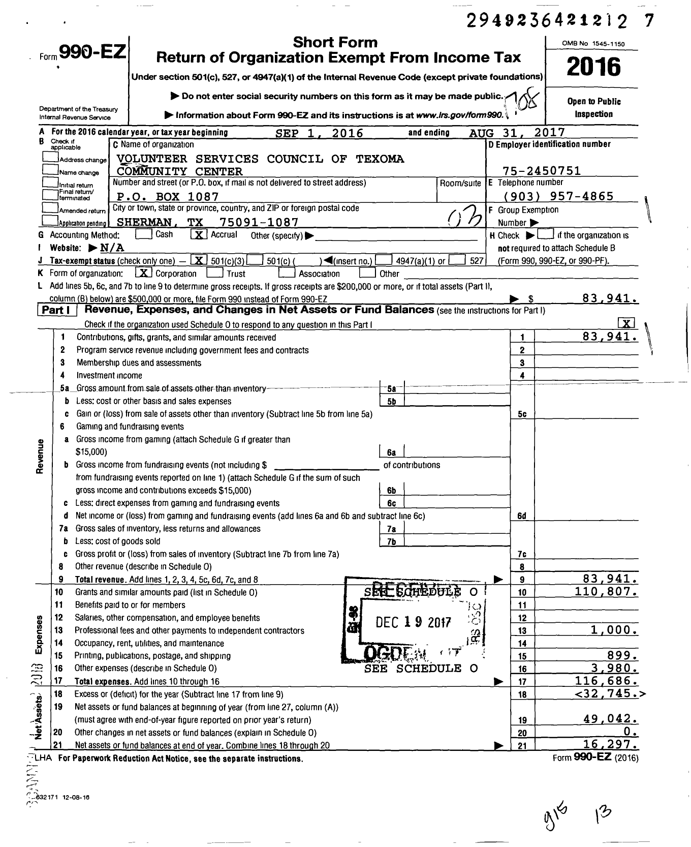 Image of first page of 2016 Form 990EZ for Volunteer Services Council of Texoma Community Center