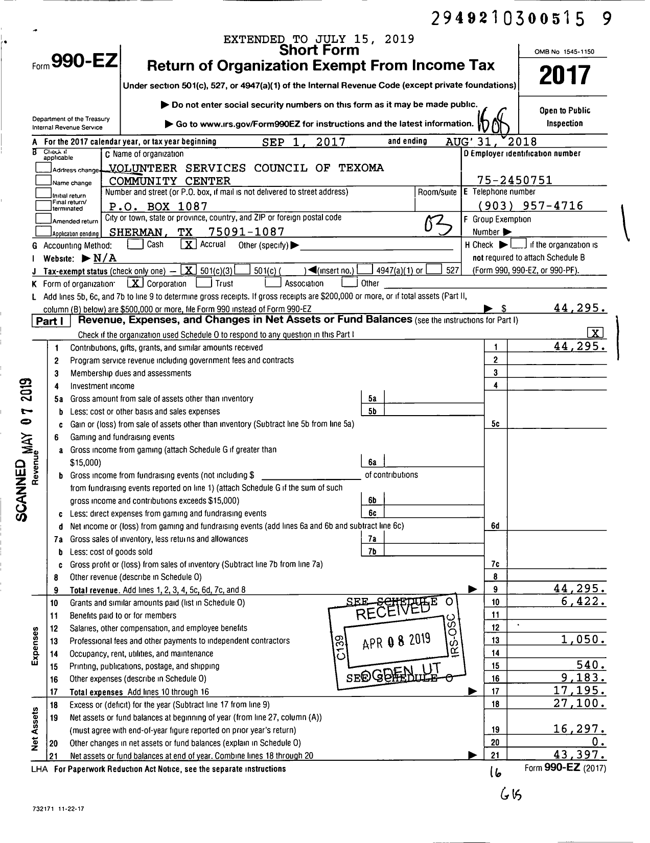 Image of first page of 2017 Form 990EZ for Volunteer Services Council of Texoma Community Center