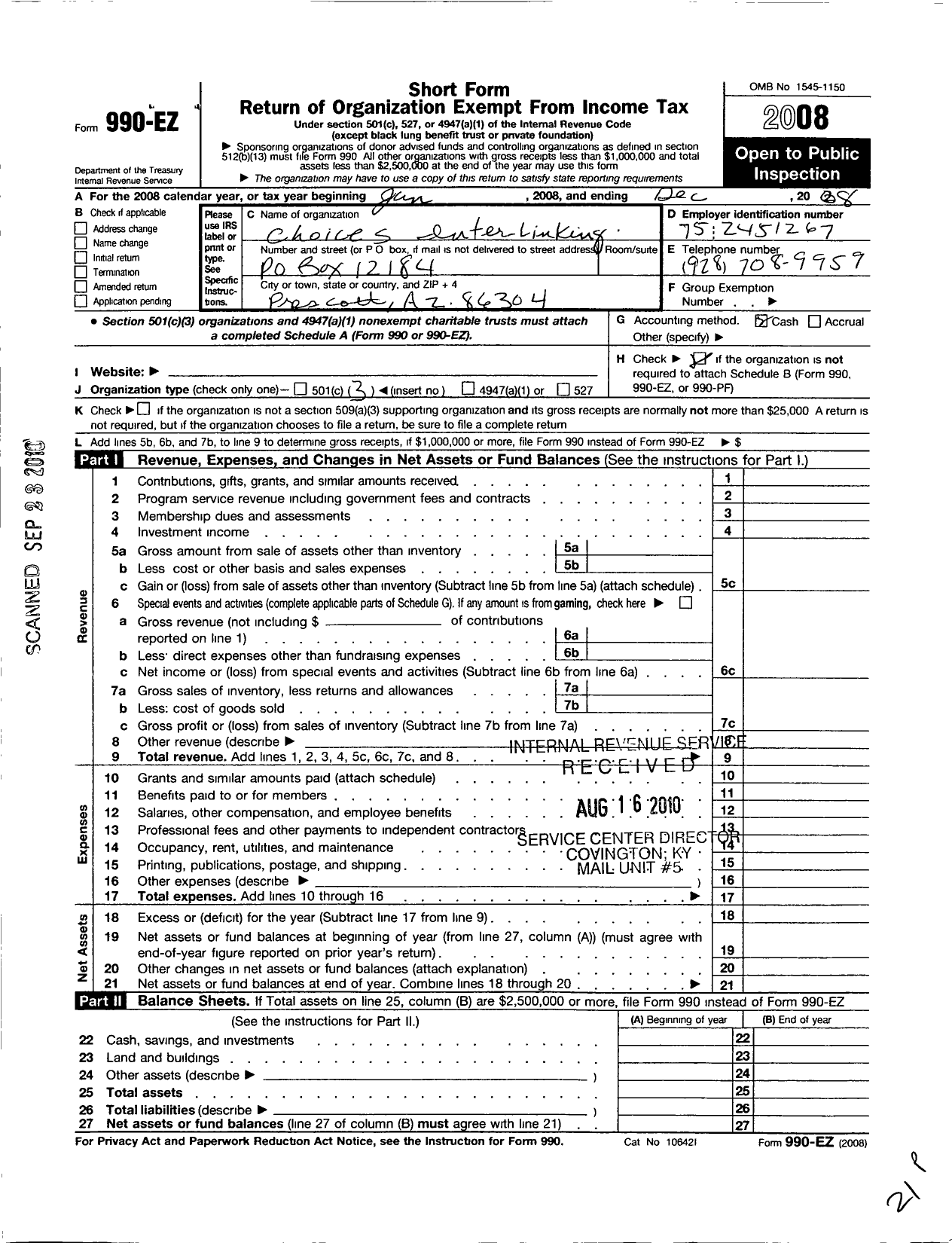 Image of first page of 2008 Form 990EZ for Choices Inter-Linking