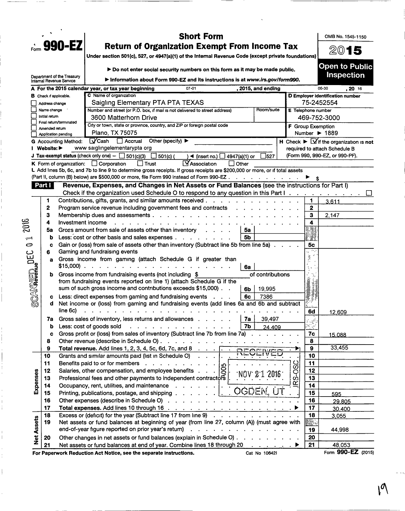 Image of first page of 2015 Form 990EO for Texas PTA - Non Profit