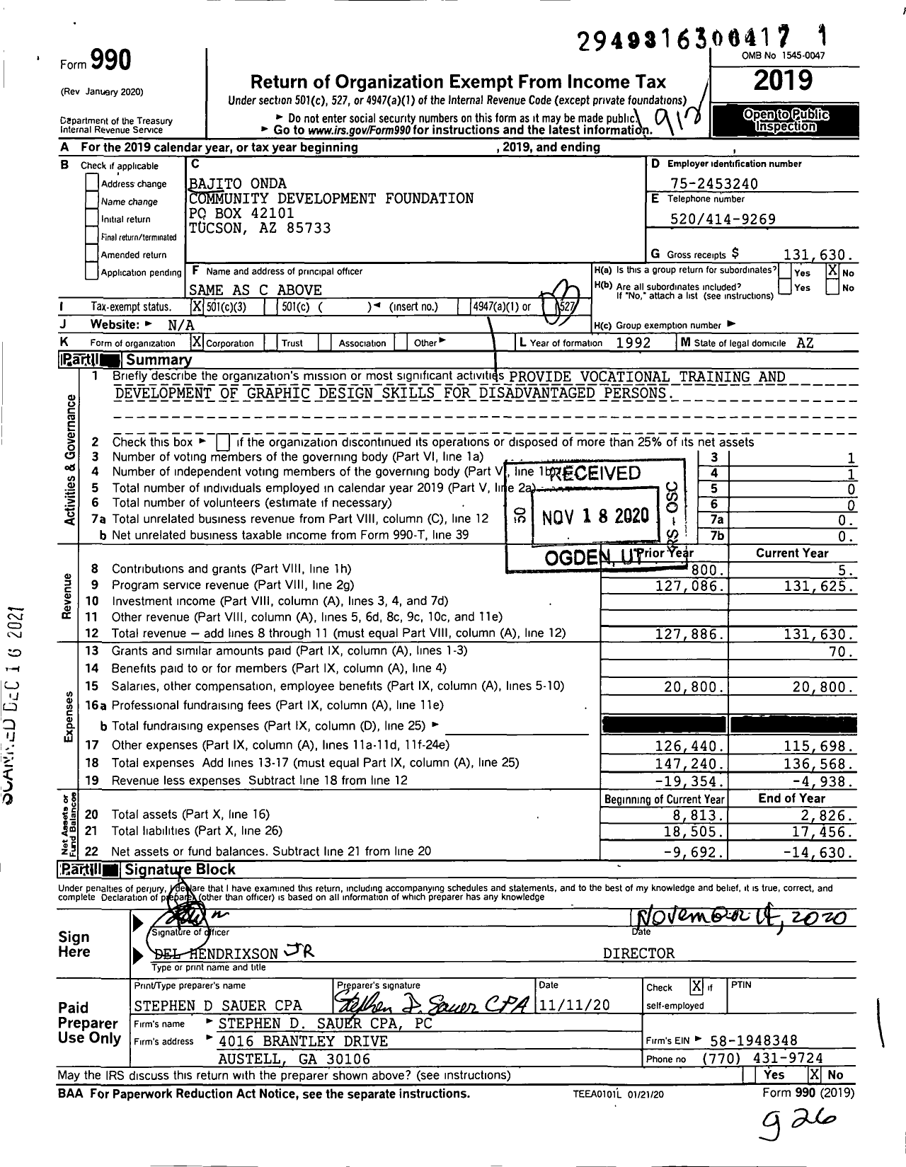 Image of first page of 2019 Form 990 for Bajito Onda Community Development Foundation