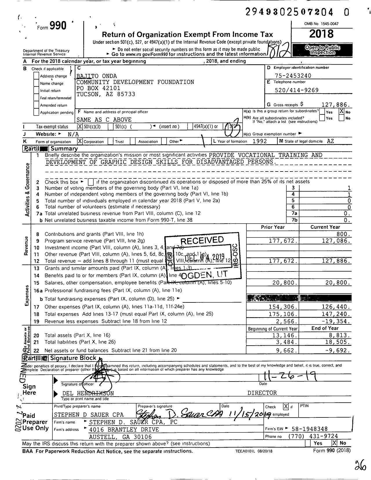 Image of first page of 2018 Form 990 for Bajito Onda Community Development Foundation