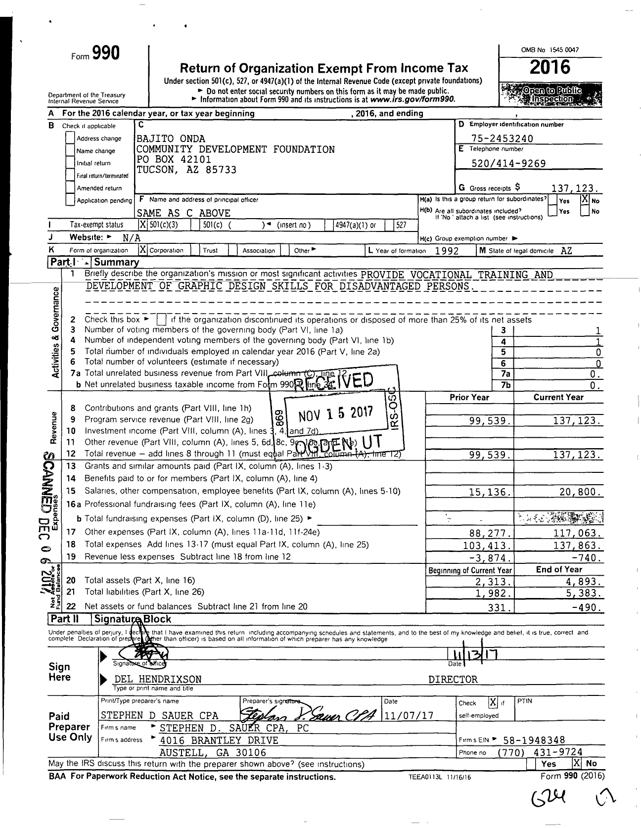 Image of first page of 2016 Form 990 for Bajito Onda Community Development Foundation