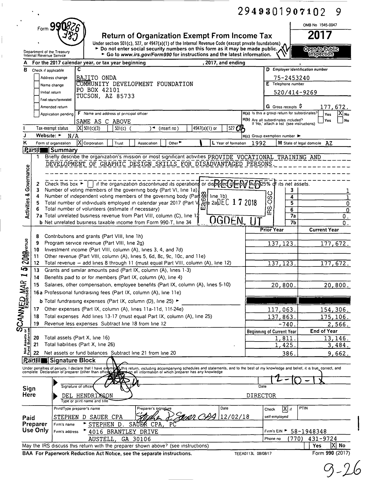 Image of first page of 2017 Form 990 for Bajito Onda Community Development Foundation