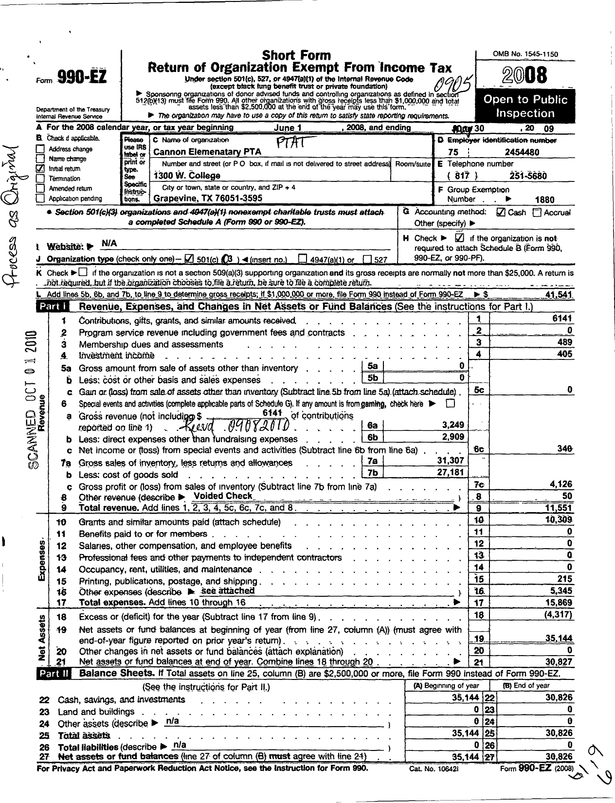 Image of first page of 2008 Form 990EZ for Texas PTA - Cannon Elementary PTA