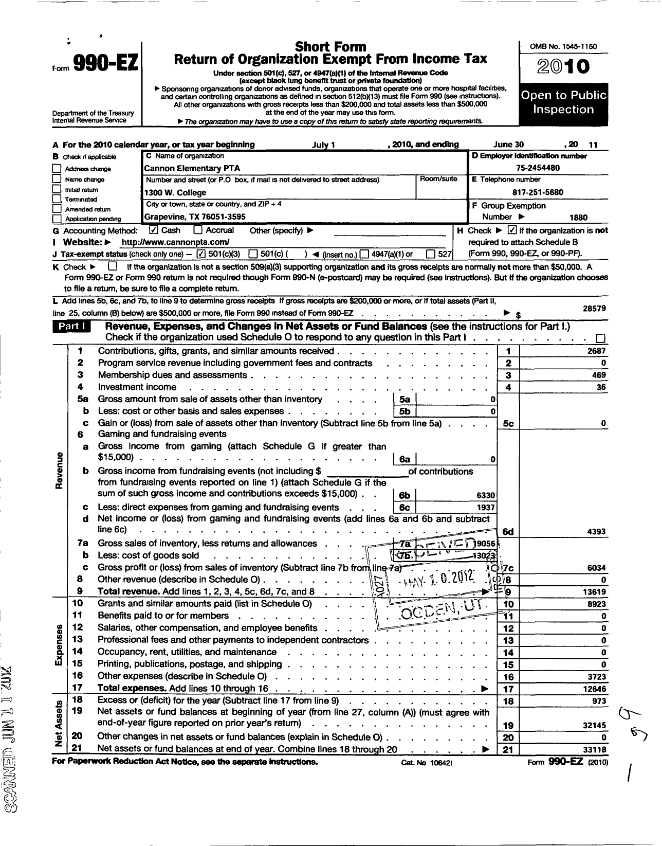 Image of first page of 2010 Form 990EZ for Texas PTA - Cannon Elementary PTA