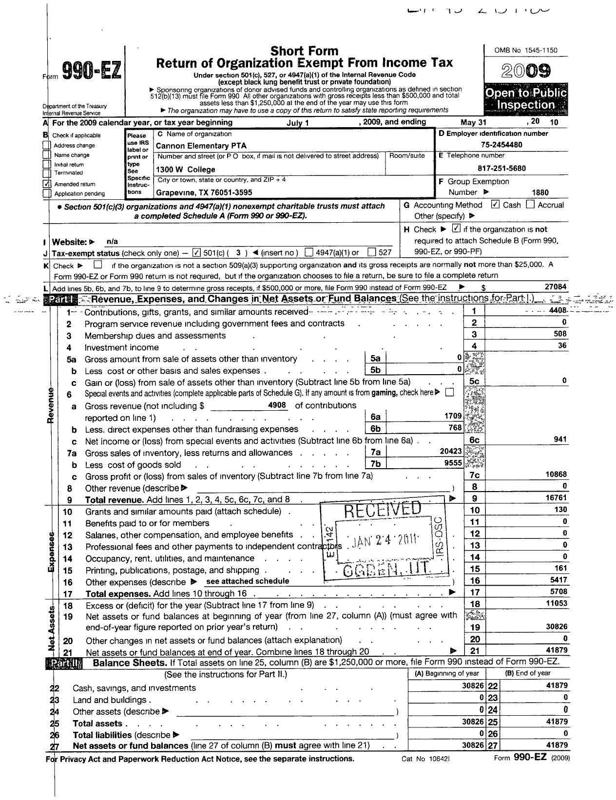 Image of first page of 2009 Form 990ER for Texas PTA - Cannon Elementary PTA