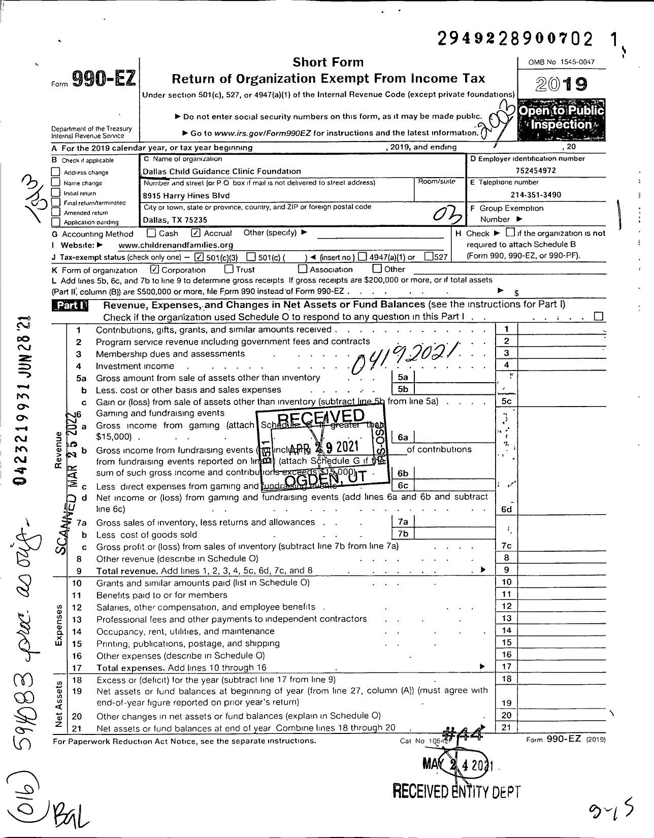 Image of first page of 2019 Form 990EZ for Dallas Child Guidance Clinic Foundation