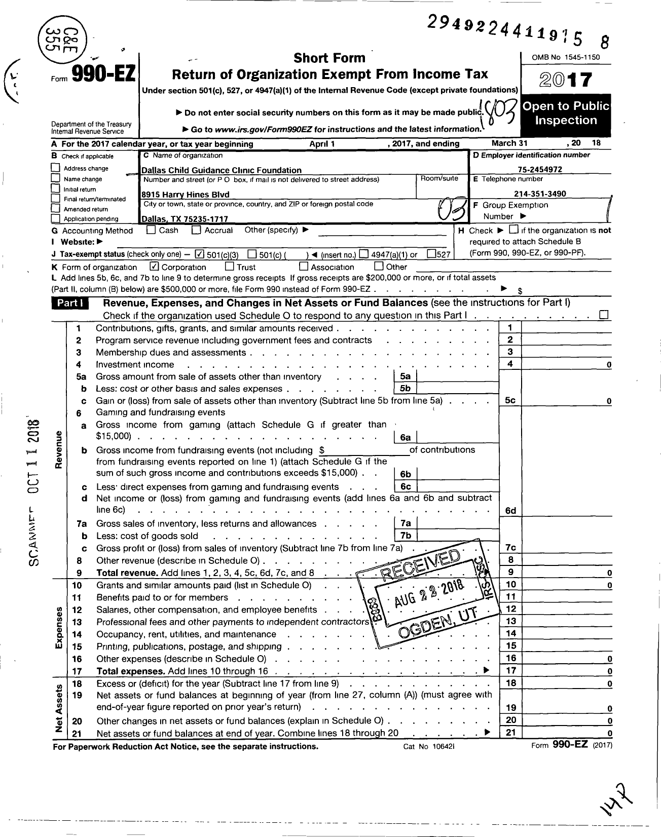 Image of first page of 2017 Form 990EZ for Dallas Child Guidance Clinic Foundation