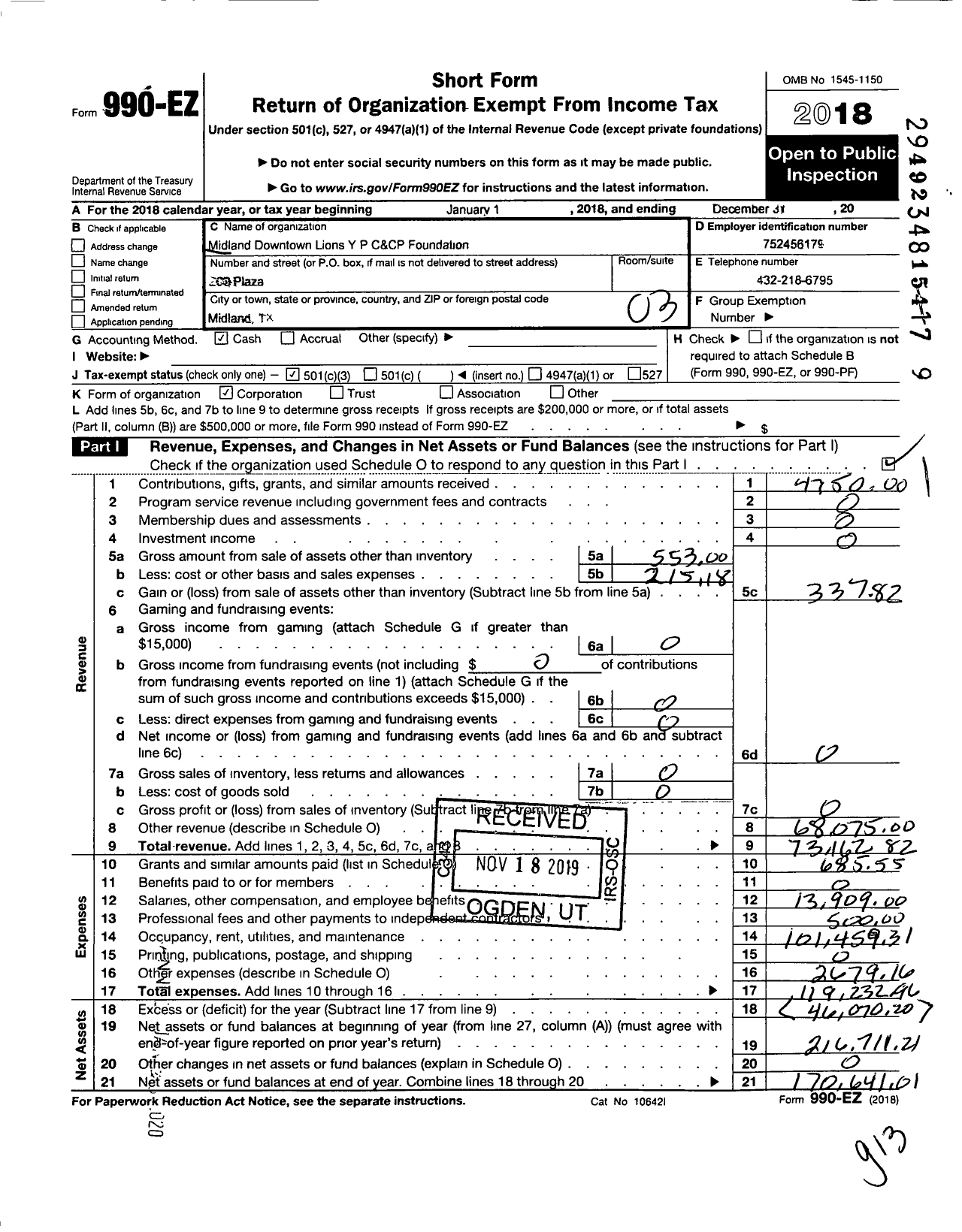 Image of first page of 2018 Form 990EZ for Midland Downtown Lions Club Yp C and CP Foundation