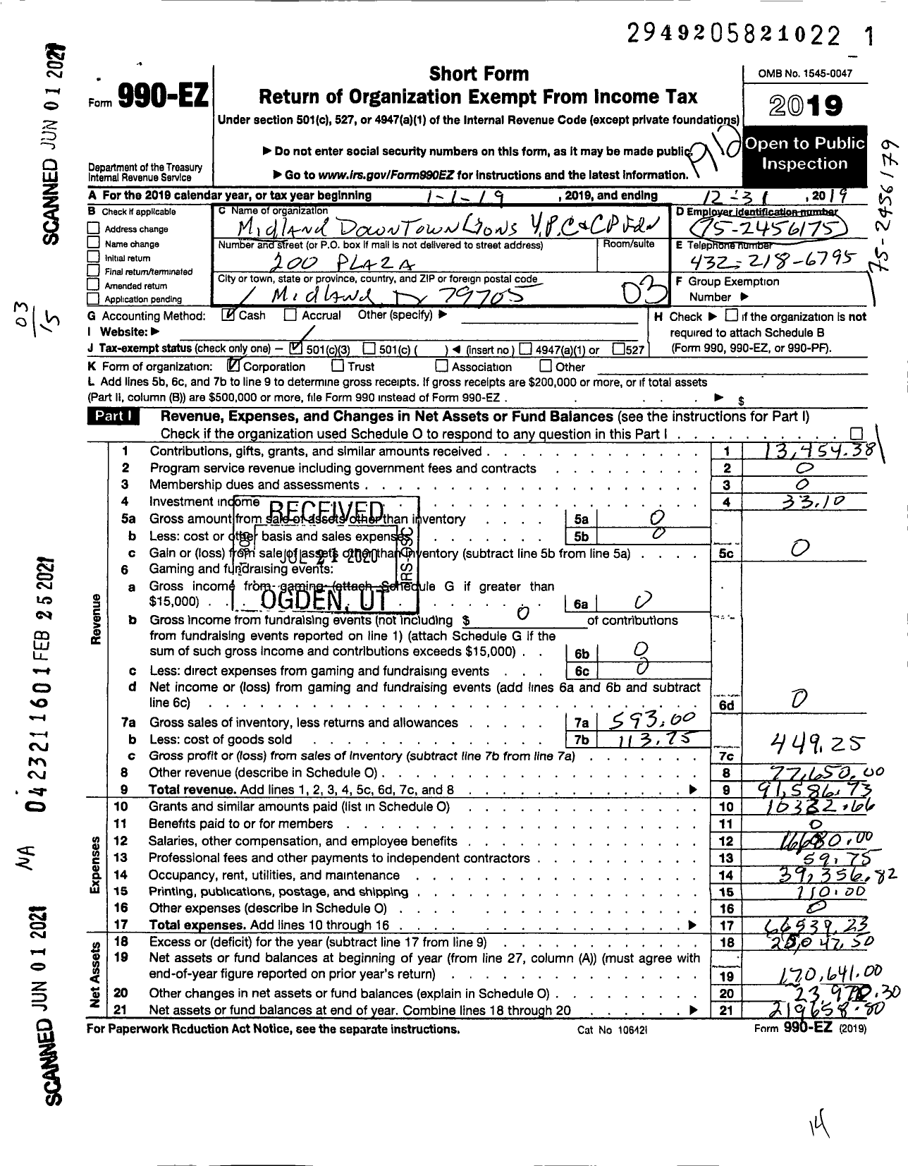 Image of first page of 2019 Form 990EZ for Midland Downtown Lions Club Yp C and CP Foundation