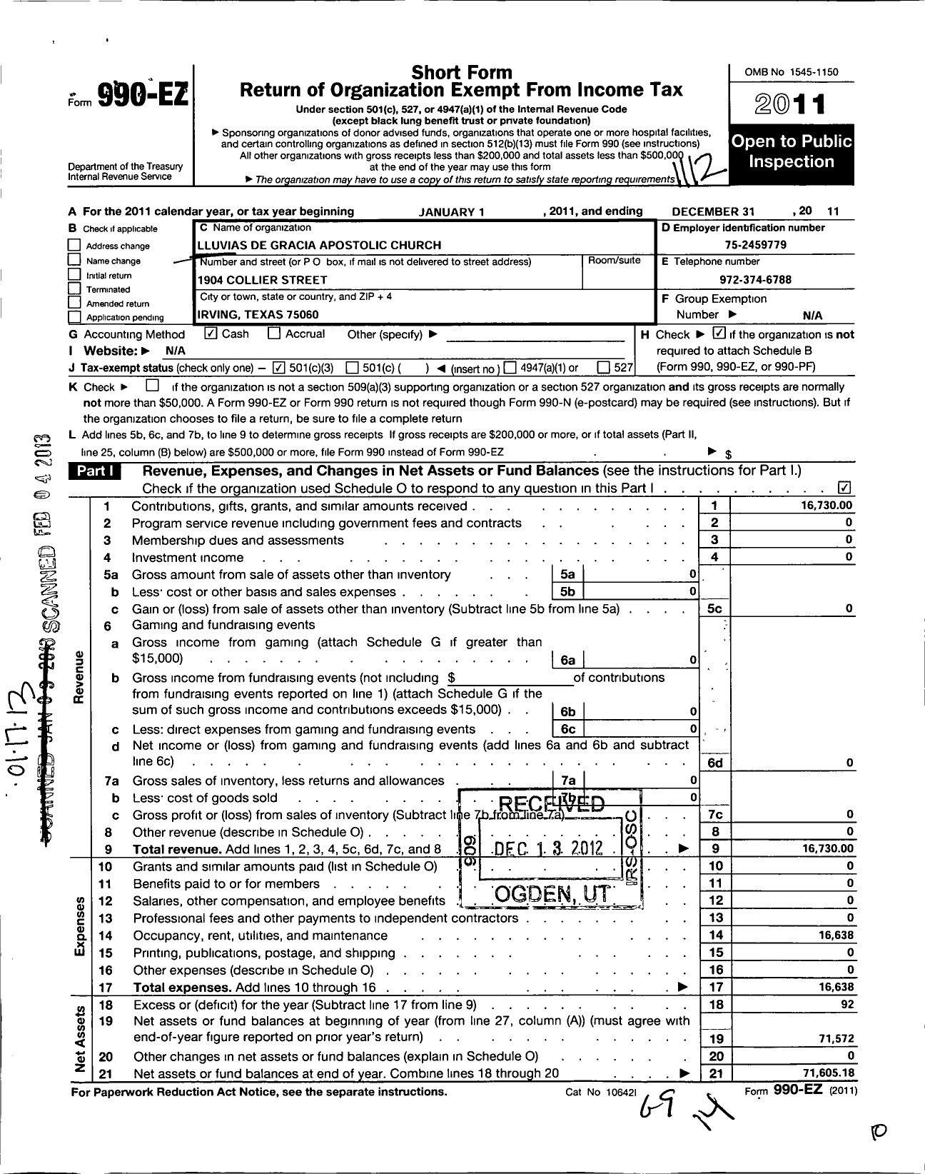 Image of first page of 2011 Form 990EZ for Lluvias de Gracia Apostolic Church of Dallas Texas