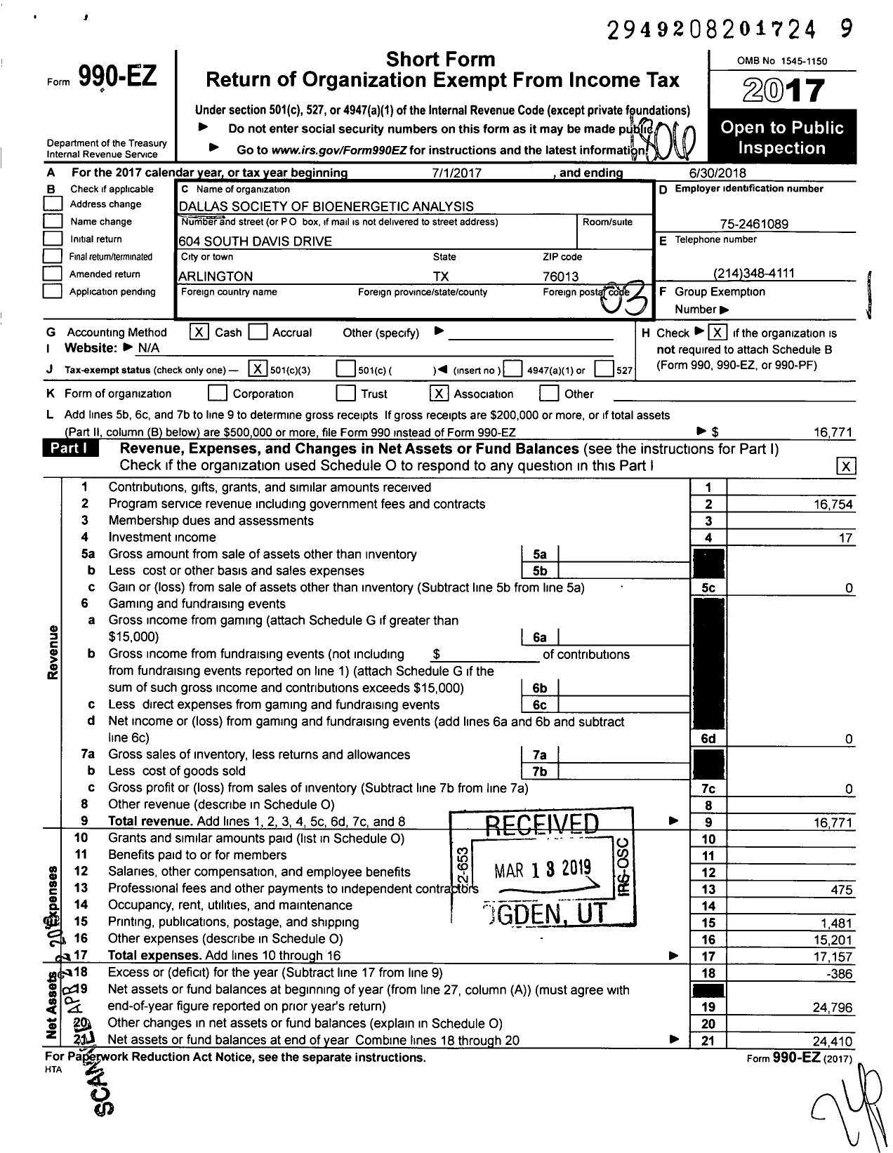 Image of first page of 2017 Form 990EZ for Dallas Society for Bioenergetic Analysis