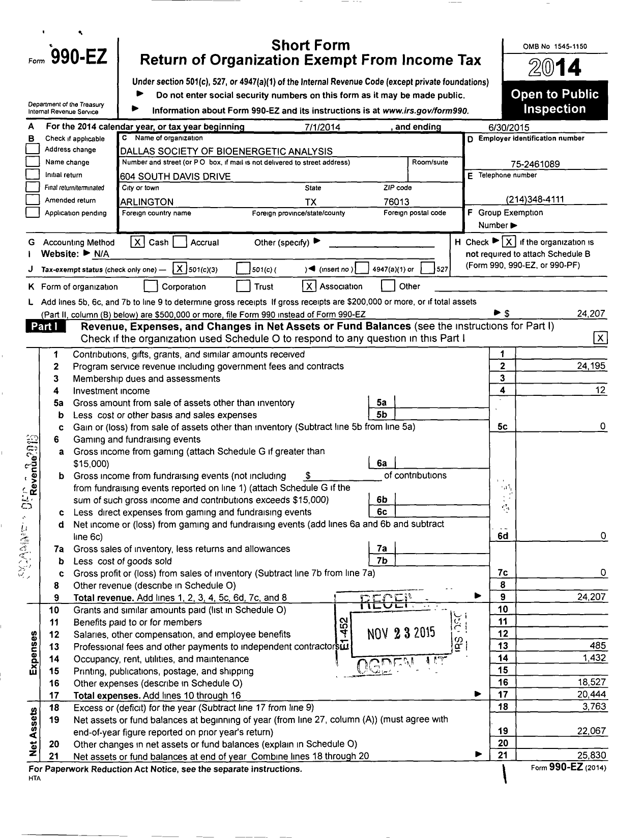 Image of first page of 2014 Form 990EZ for Dallas Society for Bioenergetic Analysis