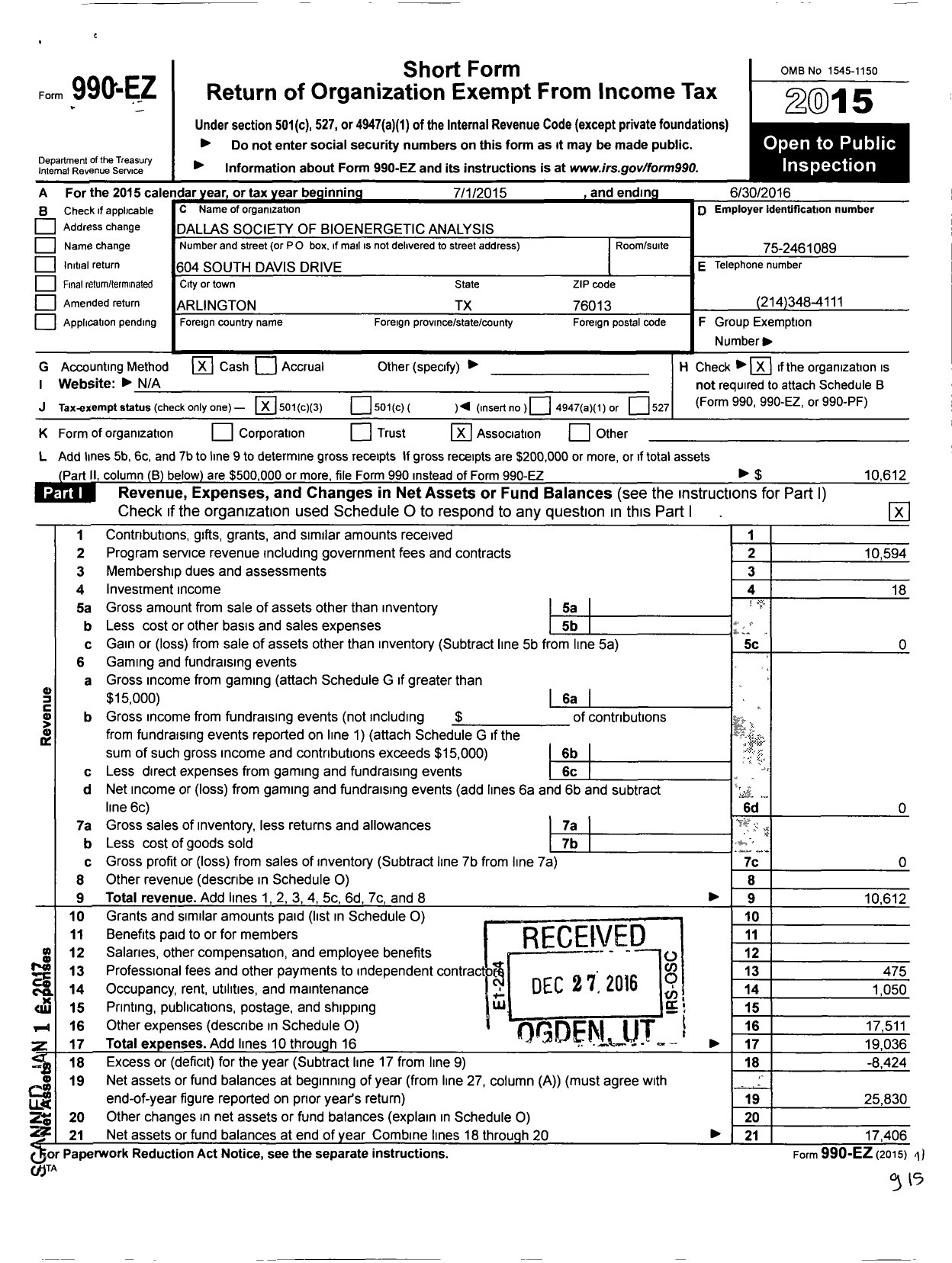 Image of first page of 2015 Form 990EZ for Dallas Society for Bioenergetic Analysis