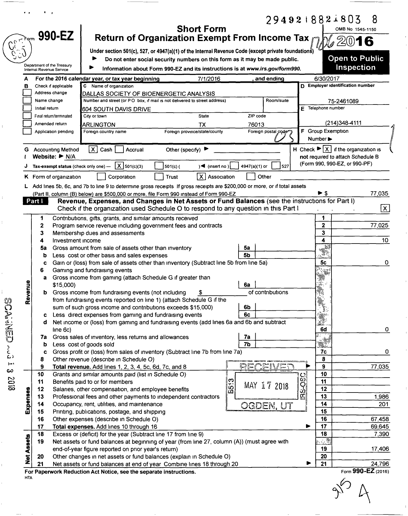 Image of first page of 2016 Form 990EZ for Dallas Society for Bioenergetic Analysis