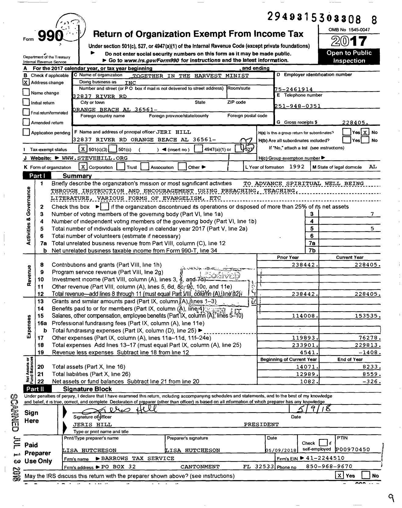 Image of first page of 2017 Form 990 for Together in the Harvest Ministries