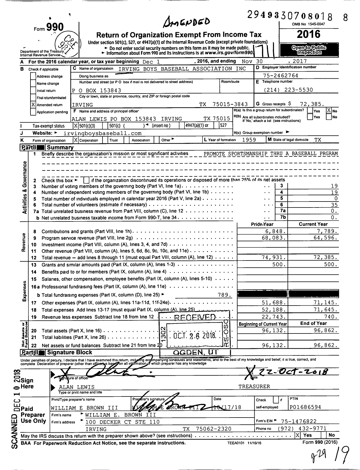 Image of first page of 2016 Form 990 for Irving Boys Baseball Association