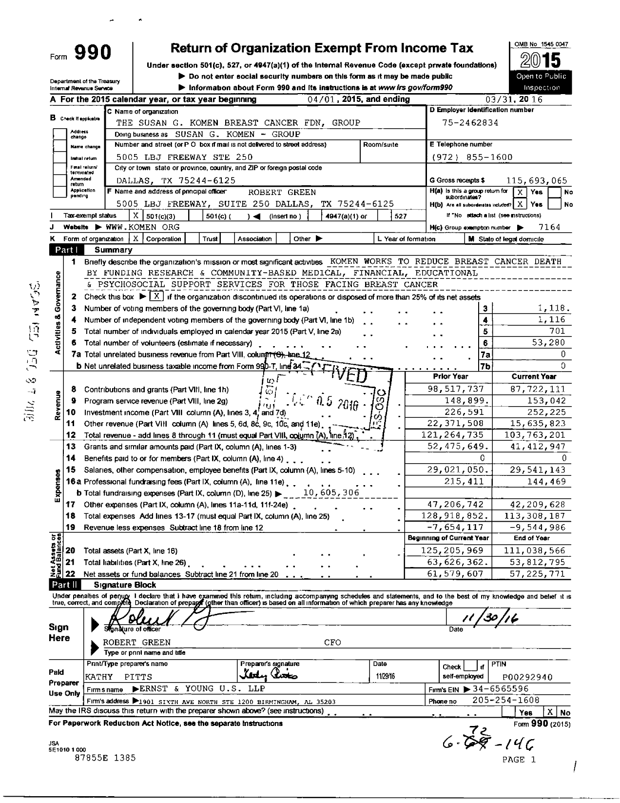 Image of first page of 2015 Form 990 for Susan G Komen Breast Cancer Foundation -- Group Return