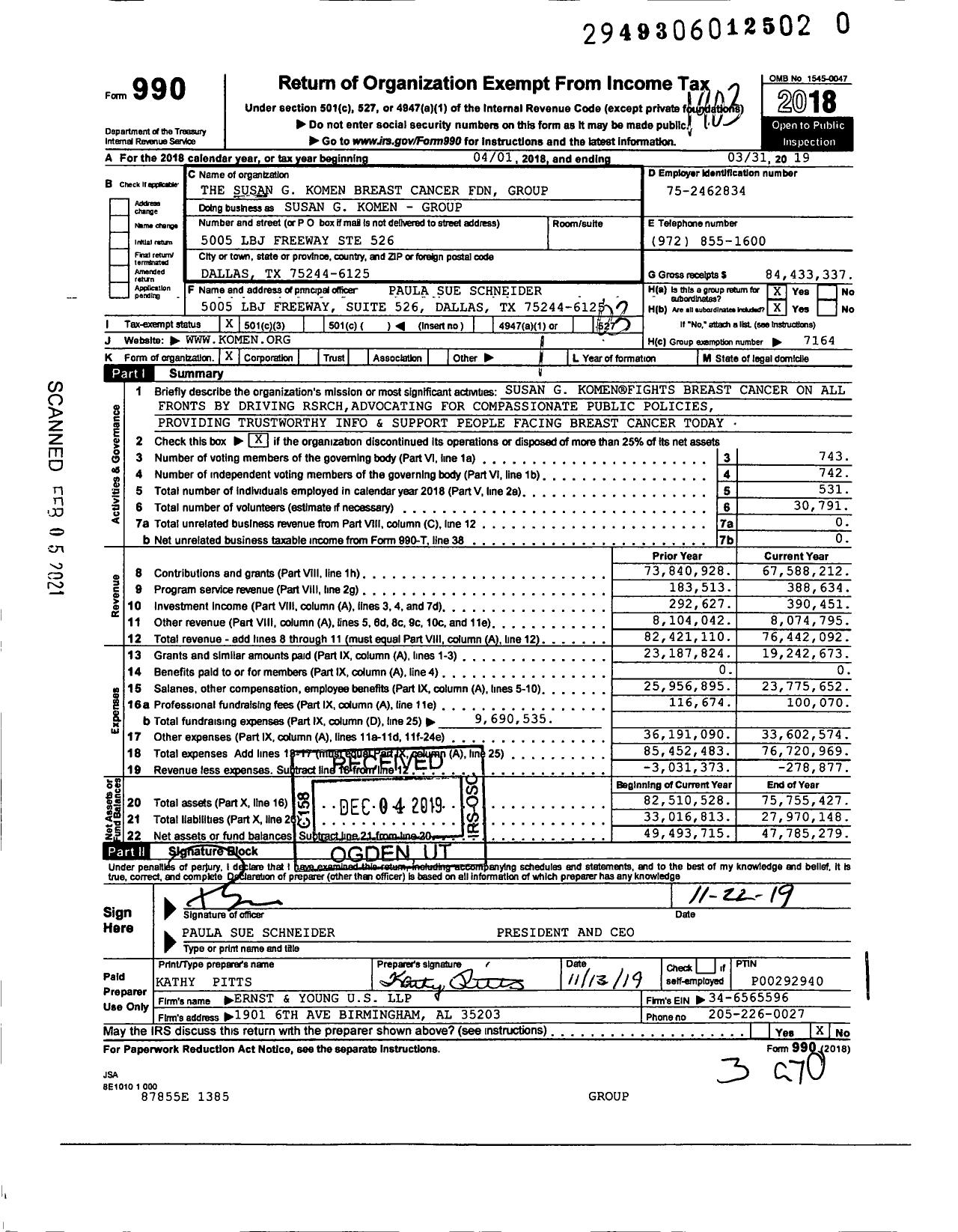 Image of first page of 2018 Form 990 for Susan G Komen Breast Cancer Foundation -- Group Return