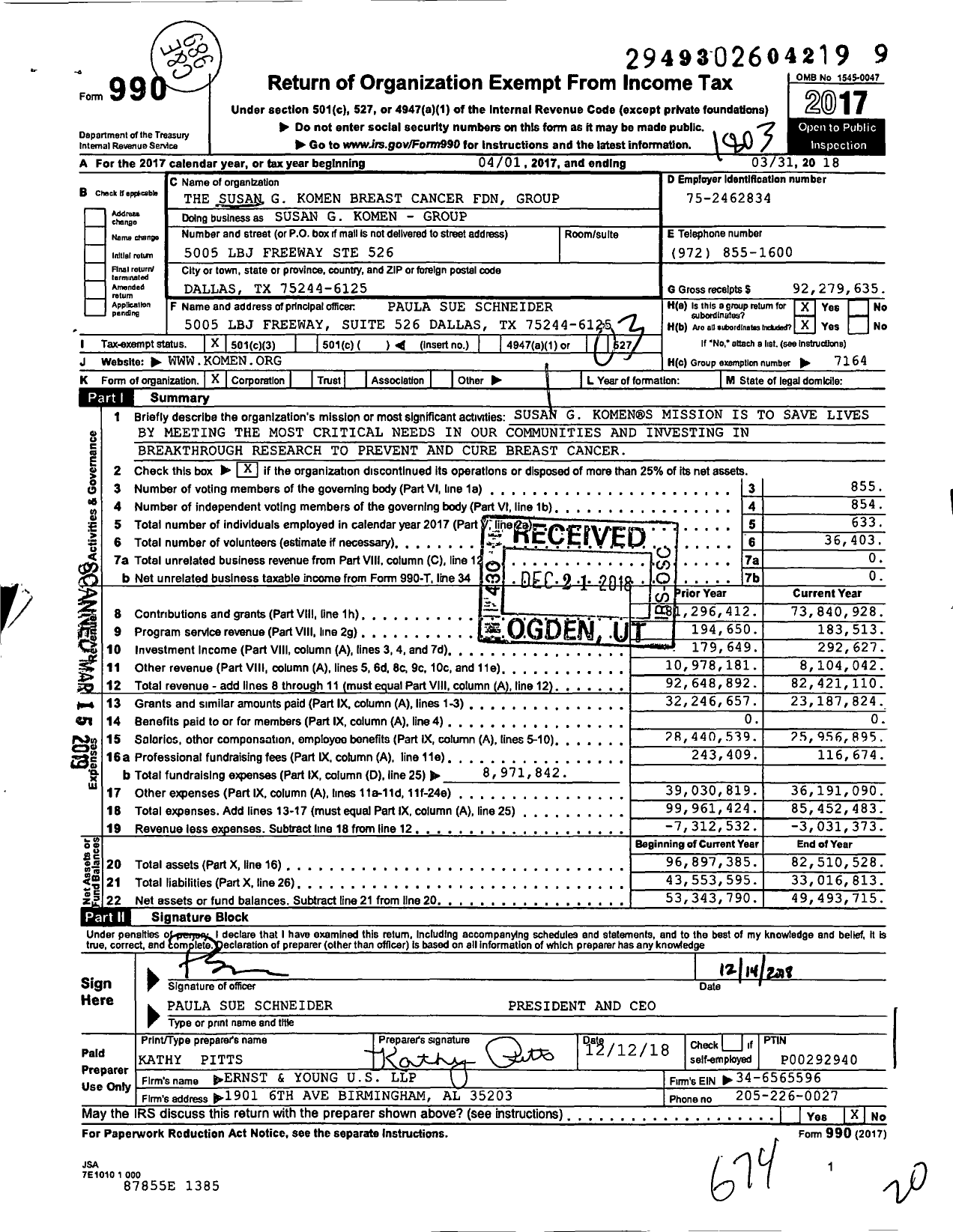 Image of first page of 2017 Form 990 for Susan G Komen Breast Cancer Foundation -- Group Return