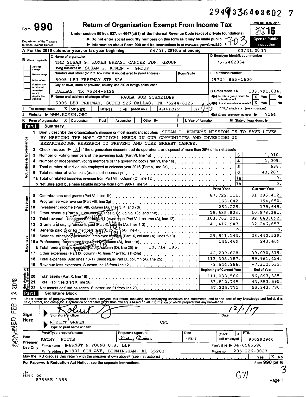 Image of first page of 2016 Form 990 for Susan G Komen Breast Cancer Foundation -- Group Return